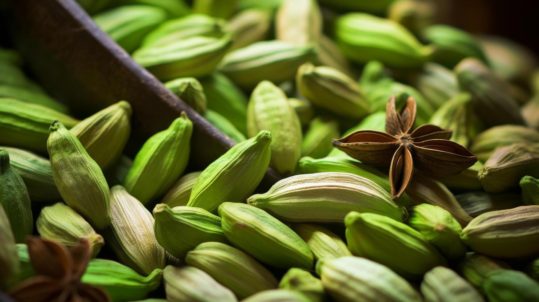 Detailed view of cardamom pods up close photo