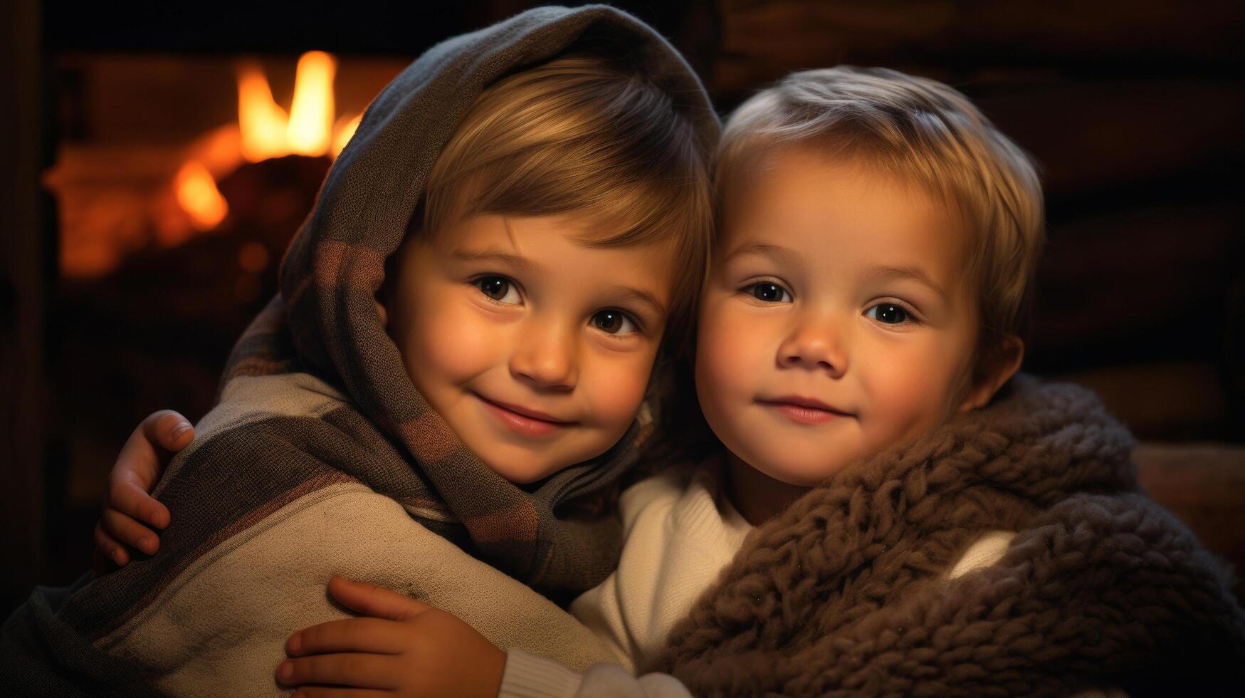 Family in cozy wooden cabin photo