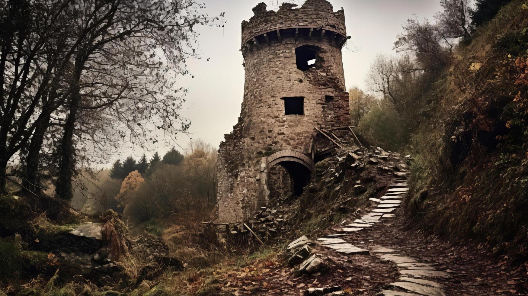 Dilapidated wizards tower from medieval era photo