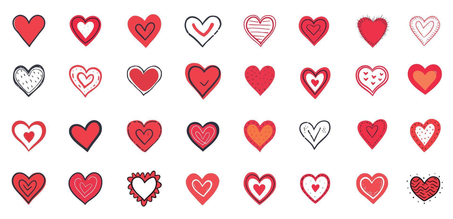 Set of hearts shapes icon. heart hand drawn. Icon cute doodle love icons. mega collection vector