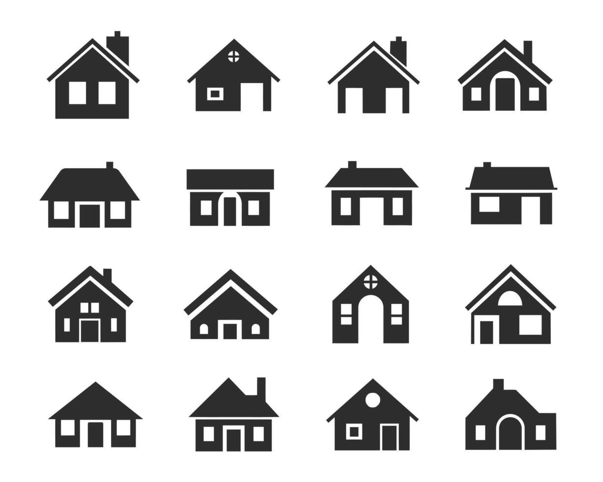 House Icon Set. House symbol. Set of real estate objects and houses black icons vector
