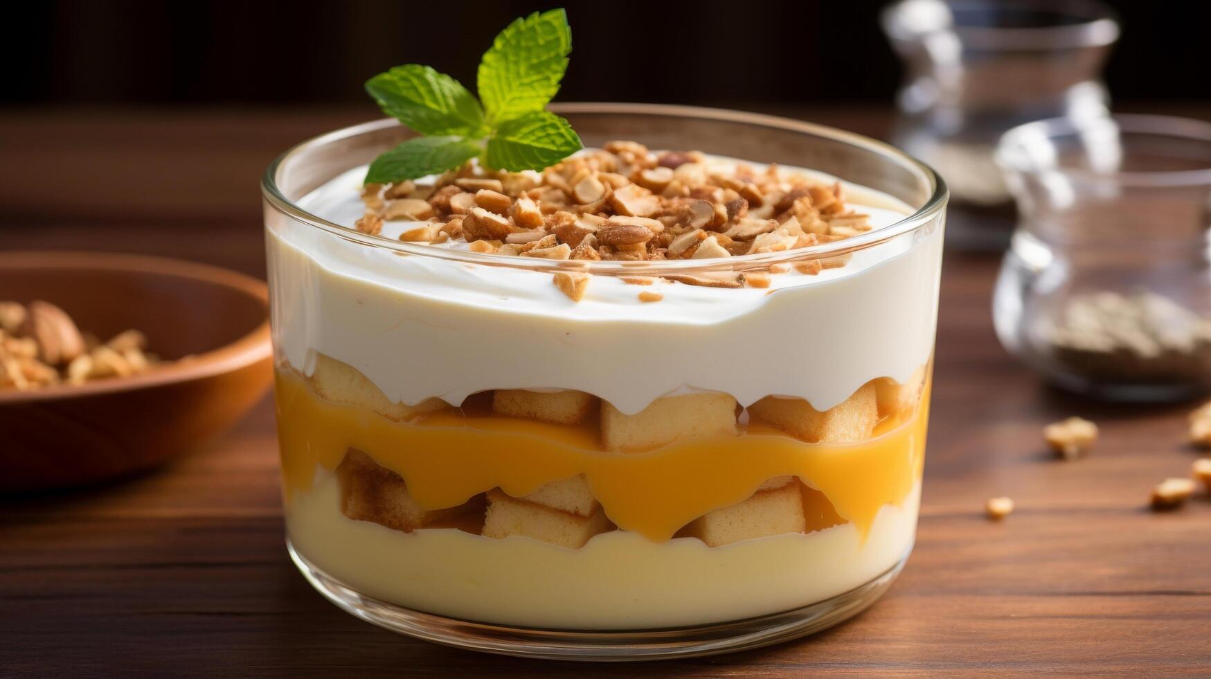 Layers of creamy custard in transparent dessert dish photo