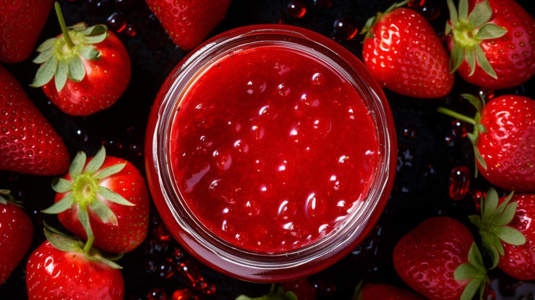 Jar of strawberry jam spilled from above photo