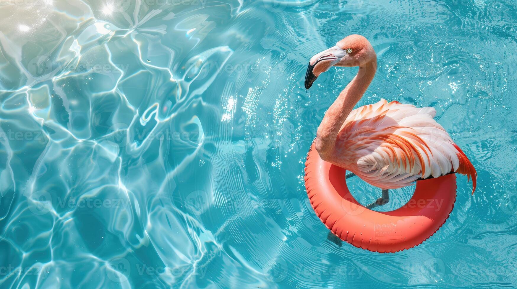 Pink Flamingo standing in round Rubber ball in swimming Pool. Top view of funny bird for summer party and holiday banners with Copy space photo