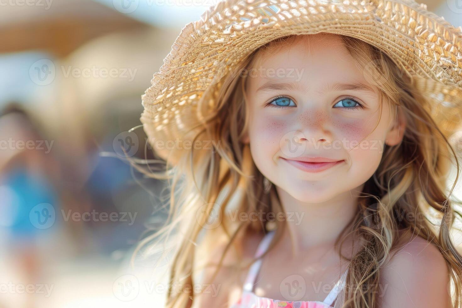Beautiful little Girl in beach hat smiling and looking at camera. Cute child with long hair, kind eyes on Summer vacation sunny weather outside by sea. Banner with blurred background and copy space photo