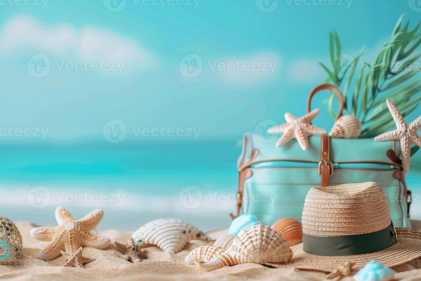 White sand with tron leaves, hat and starfish with rectangular step for text. Summer banner with copy space for advertising and discounts. photo