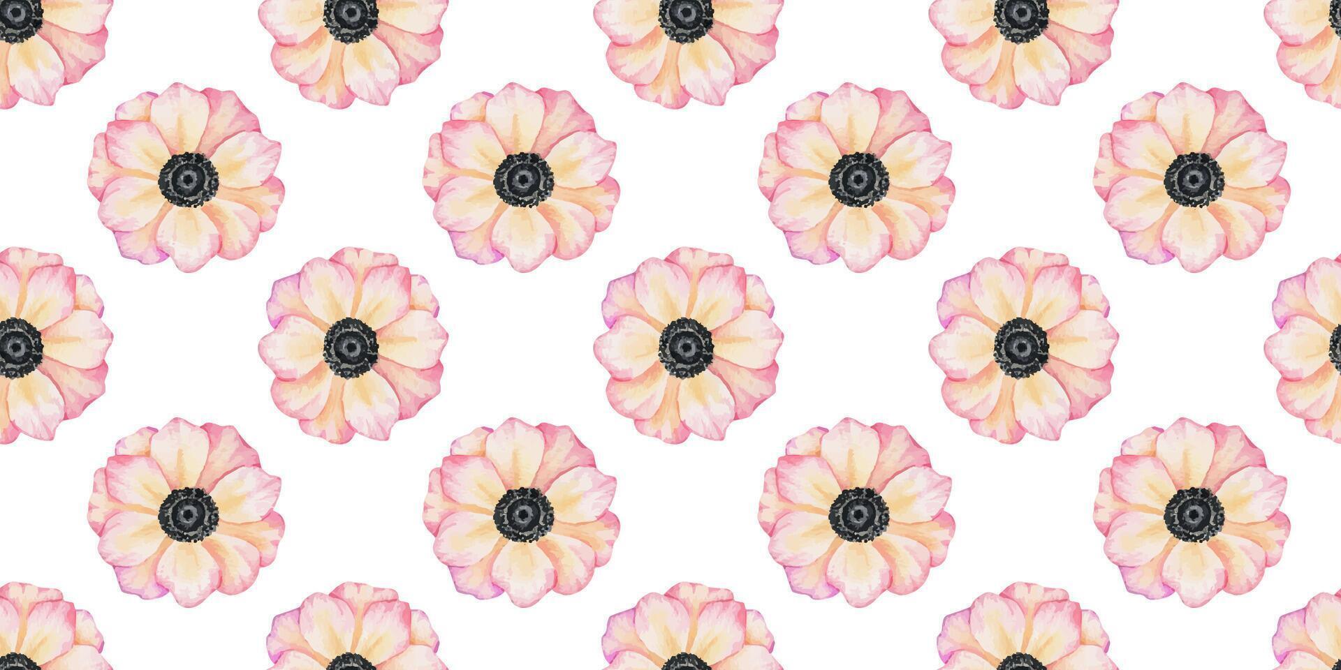 Anemone rose flowers. Hand drawn watercolor seamless pattern of pink poppies. Summer floral background for wedding design, textiles, wrapping paper, scrapbooking vector