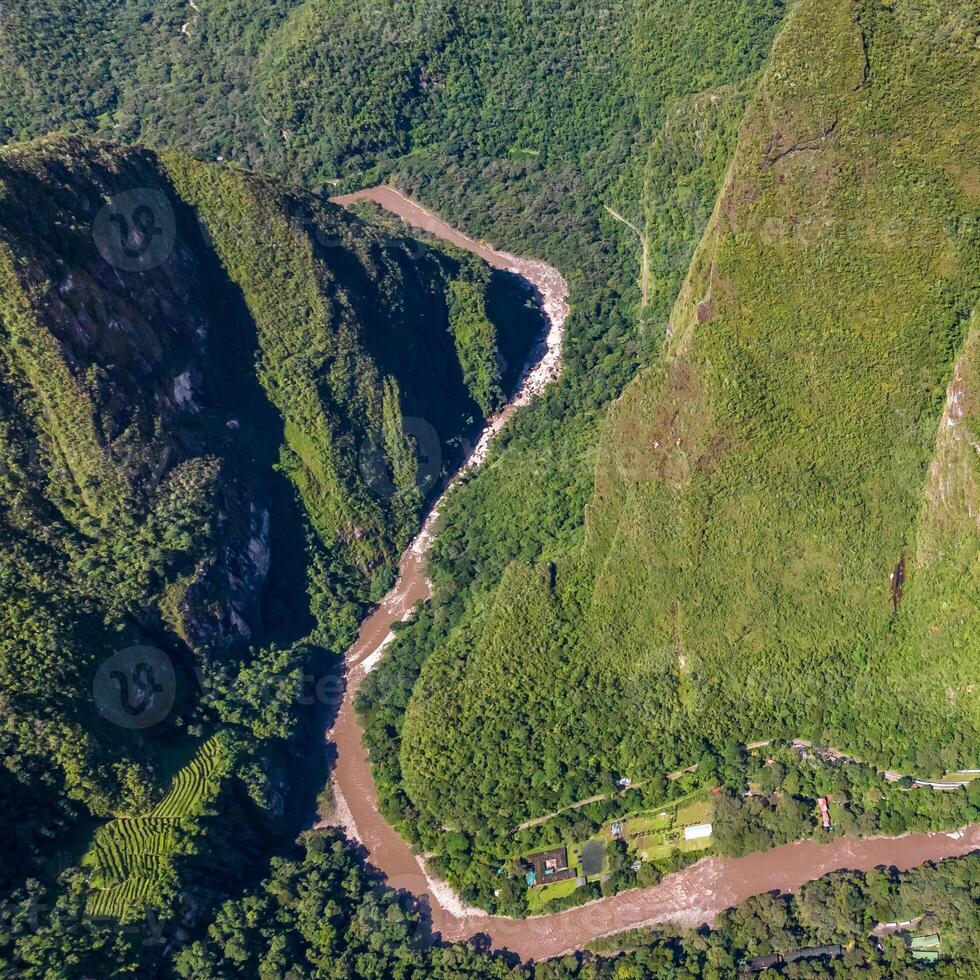 Machu Picchu, Peru. Aerial view. Urubamba river. Square image. photo