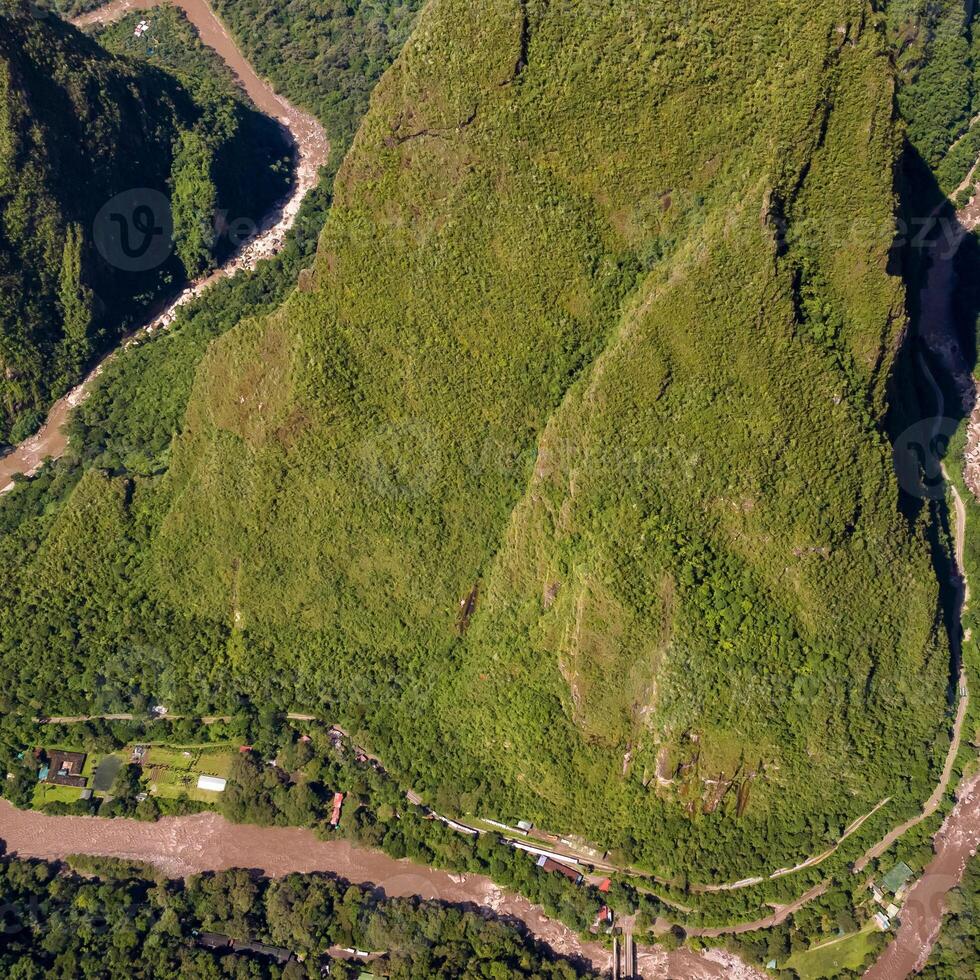 Machu Picchu, Peru. Aerial view. Urubamba river. Square image. photo