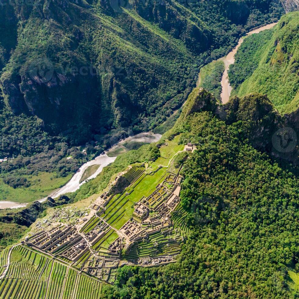 Machu Picchu, Peru. Aerial view. Urubamba river. Square image. photo