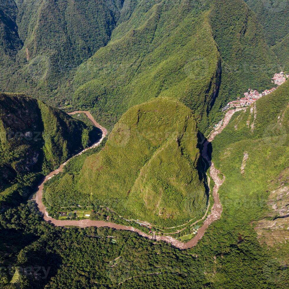 Machu Picchu, Peru. Aerial view. Urubamba river. Square image. photo
