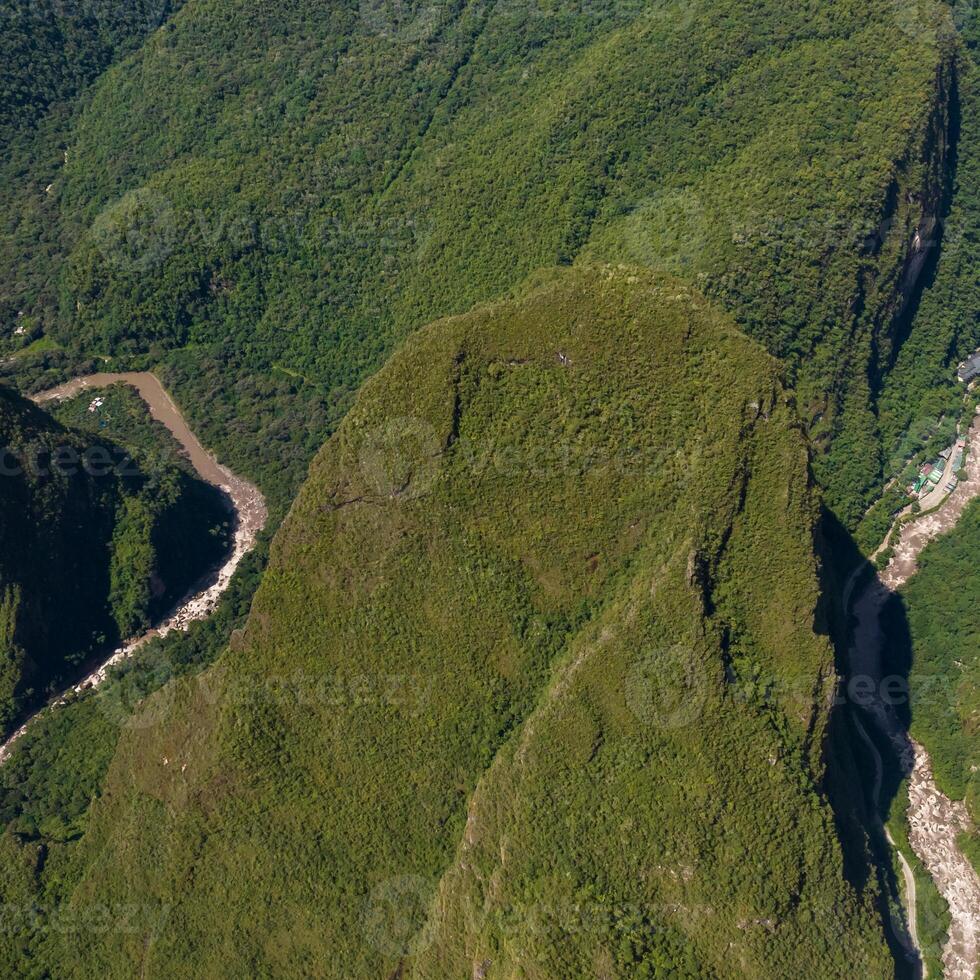 Machu Picchu, Peru. Aerial view. Urubamba river. Square image. photo