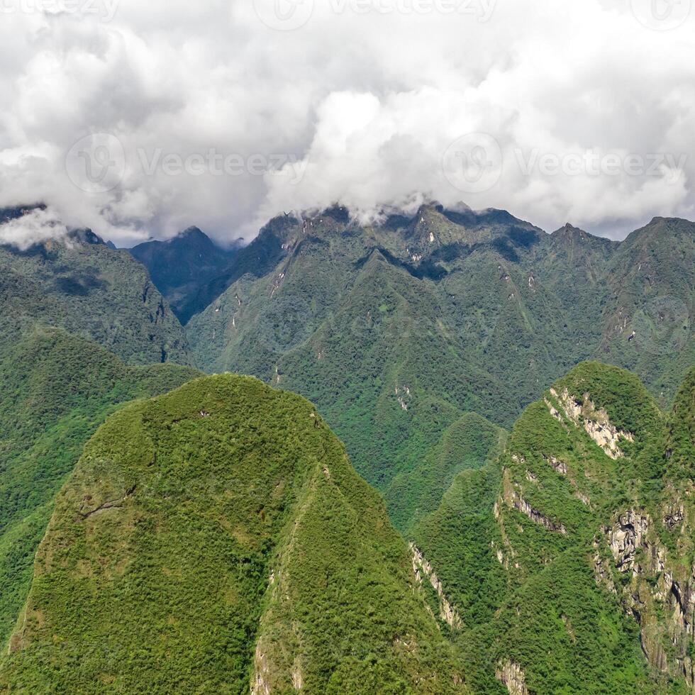 Machu Picchu, Peru. Aerial view. Urubamba river. Square image. photo