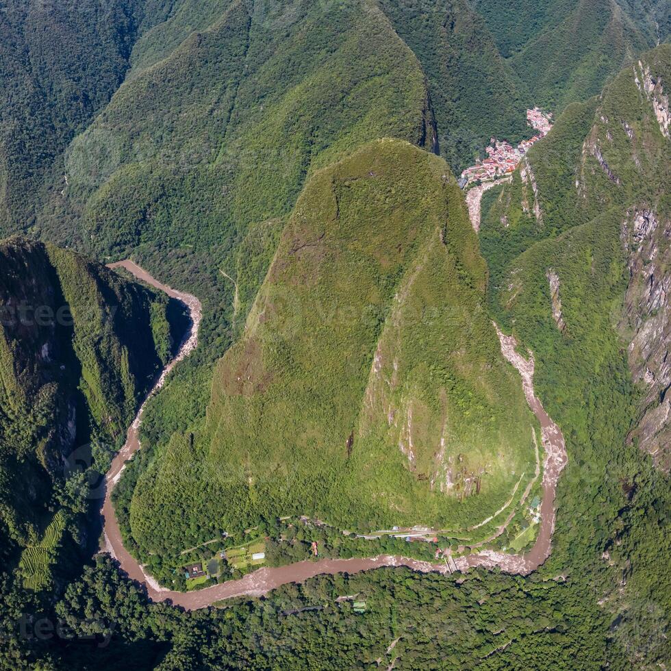 Machu Picchu, Peru. Aerial view. Urubamba river. Square image. photo