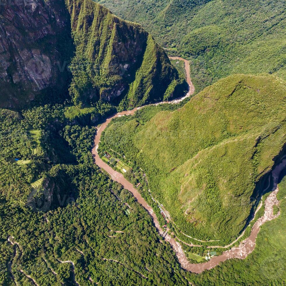 Machu Picchu, Peru. Aerial view. Urubamba river. Square image. photo