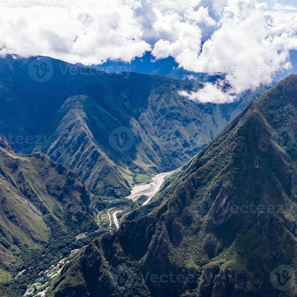 Machu Picchu, Peru. Aerial view. Urubamba river. Square image. photo