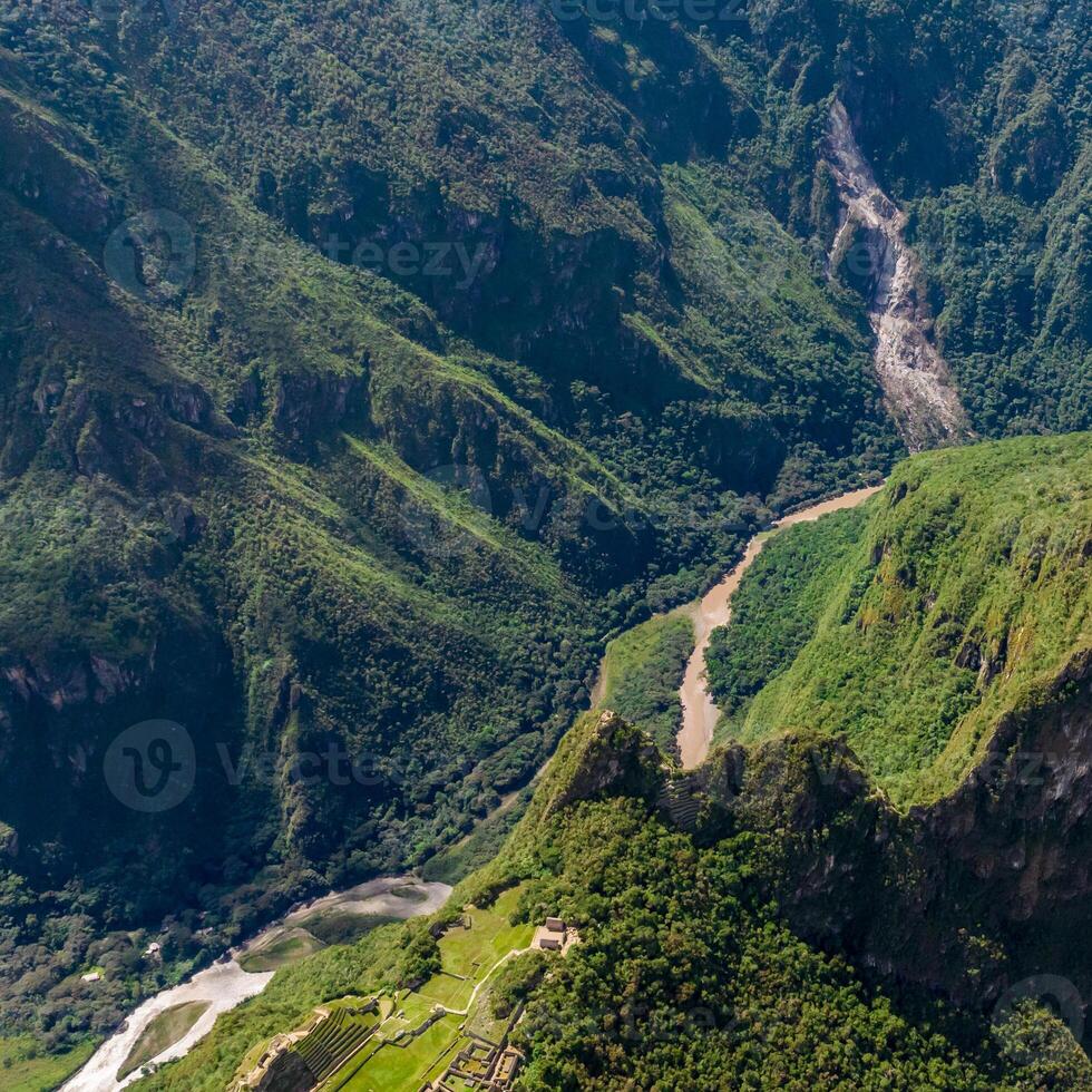 Machu Picchu, Peru. Aerial view. Urubamba river. Square image. photo