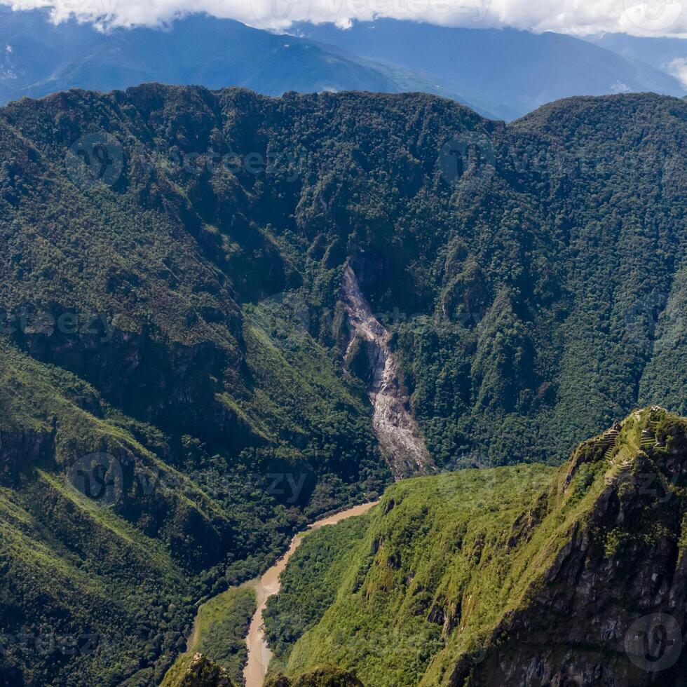 Machu Picchu, Peru. Aerial view. Urubamba river. Square image. photo