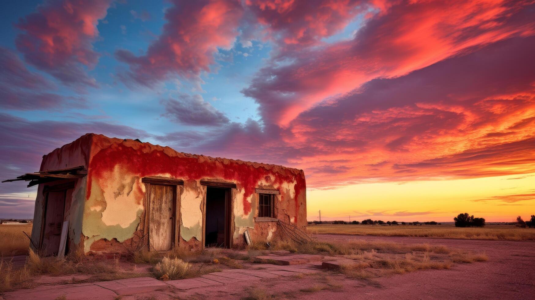Old adobe home against colorful sky photo