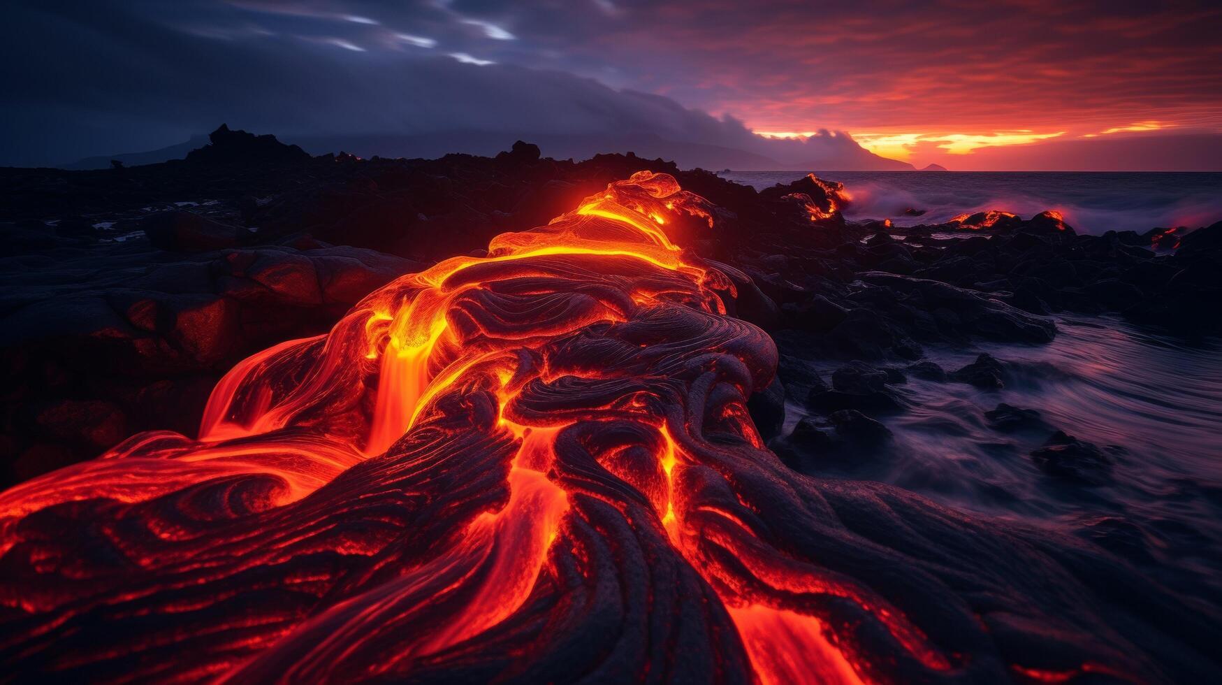 Lava flow night long exposure volcanic scene photo