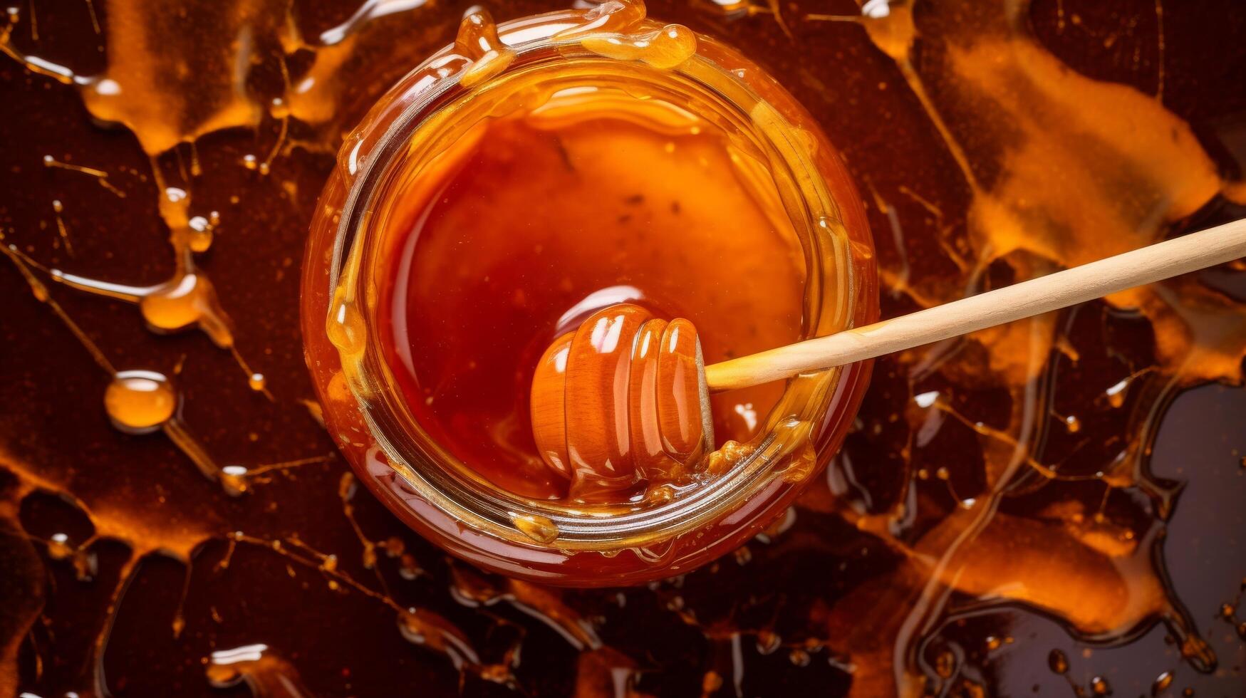 Top down view of spilled honey jar photo