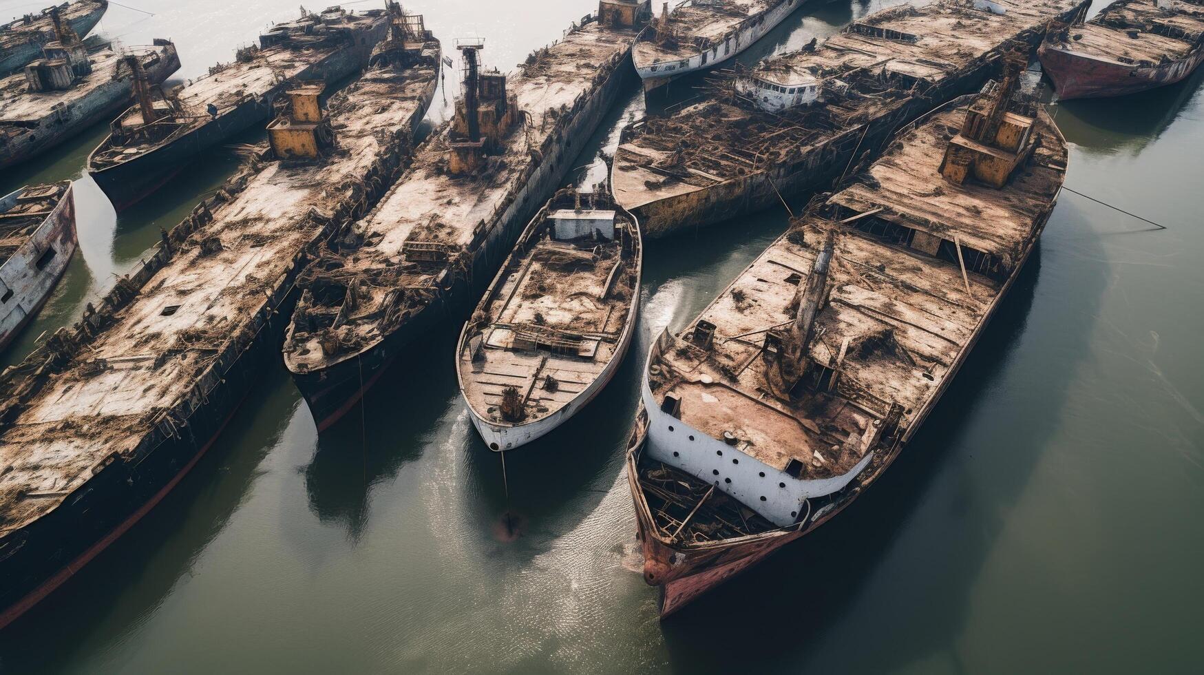 Aerial drone view ghostly ship graveyard photo
