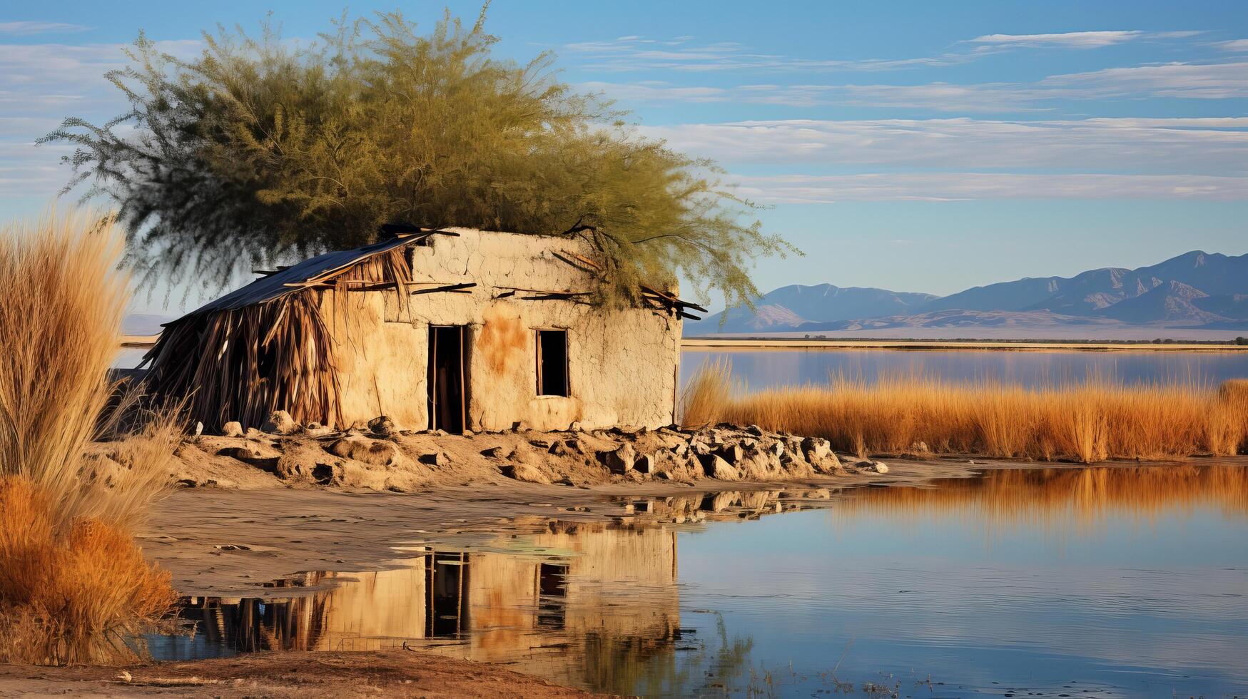 Serene lake backdrop to a weathered adobe house photo
