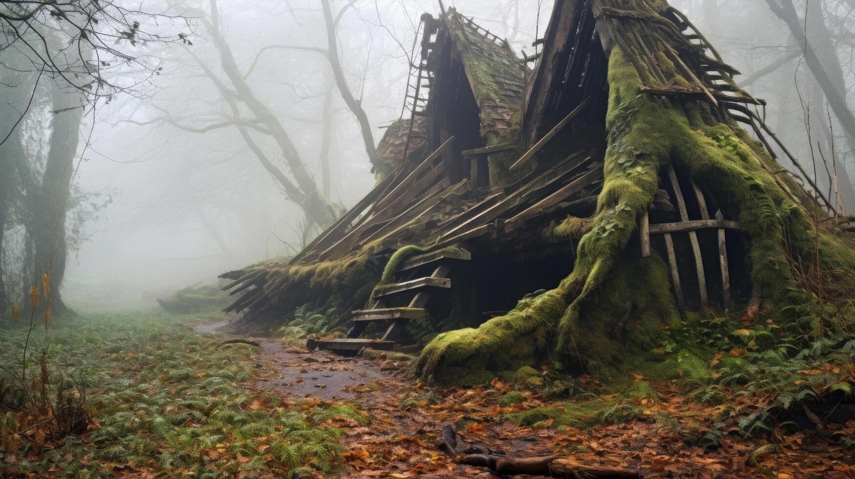 Ruined hermits shelter from medieval times in misty forest photo