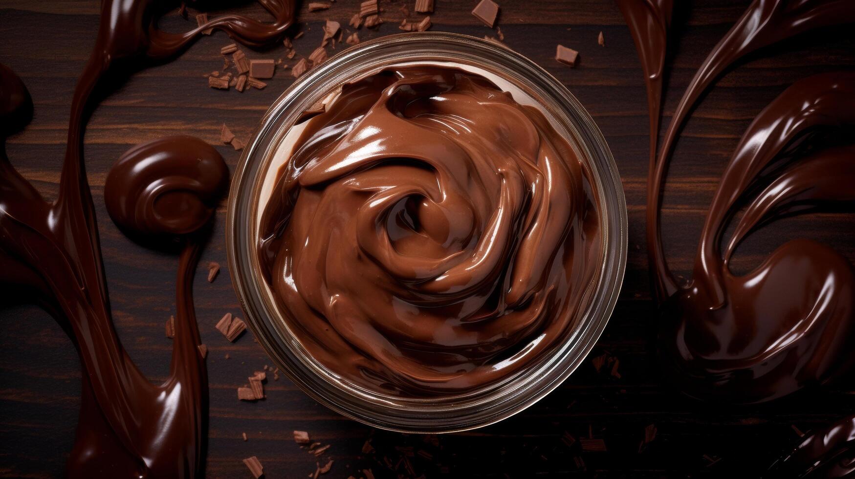 Jar of chocolate sauce spilled from above photo