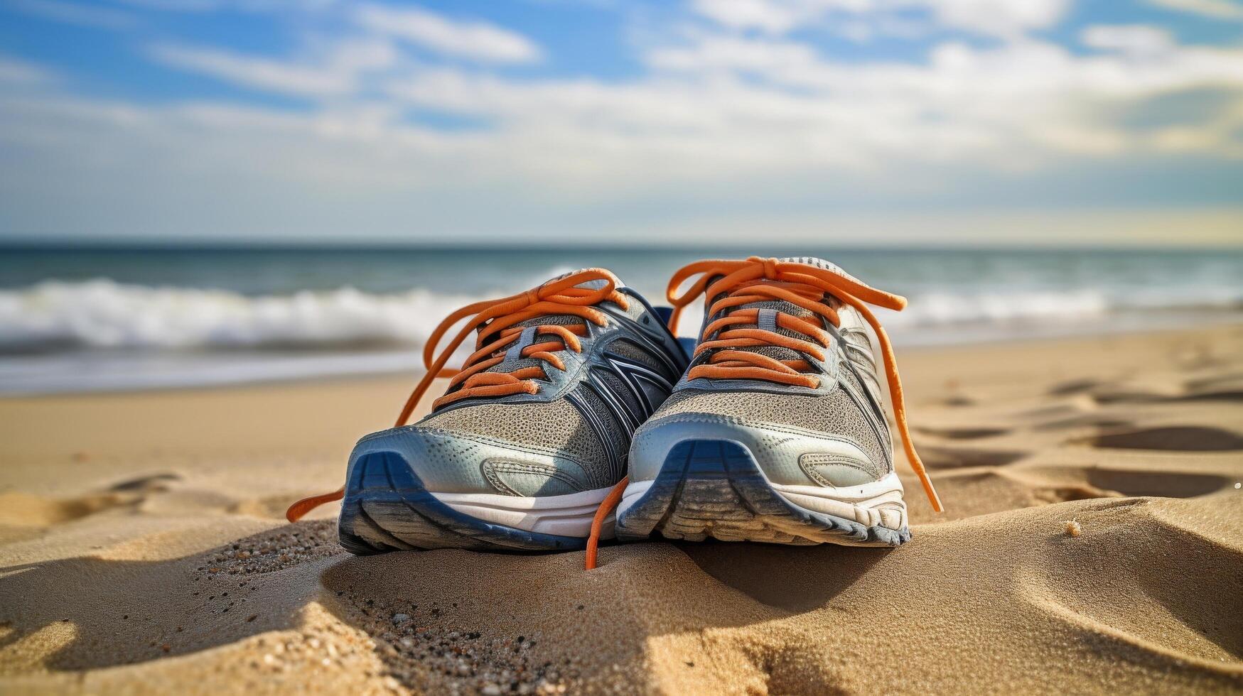 Running shoes placed on sandy shore photo