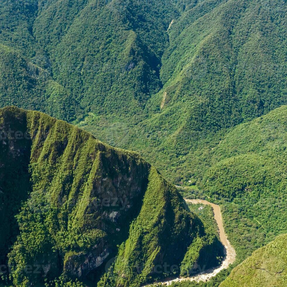 Machu Picchu, Peru. Aerial view. Urubamba river. Square image. photo