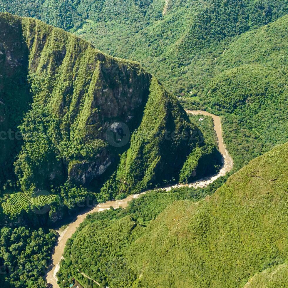 Machu Picchu, Peru. Aerial view. Urubamba river. Square image. photo