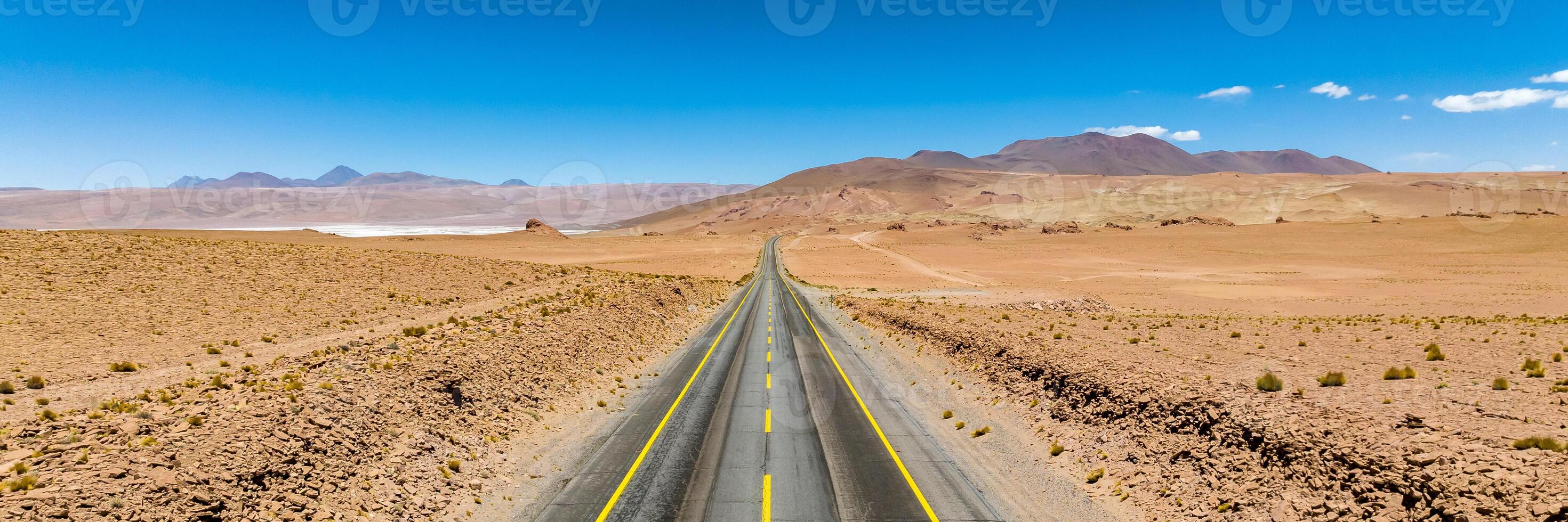 Atacama Desert in Chile. Aerial view. Route 27, road during a car trip. Salar de Loyoques. photo
