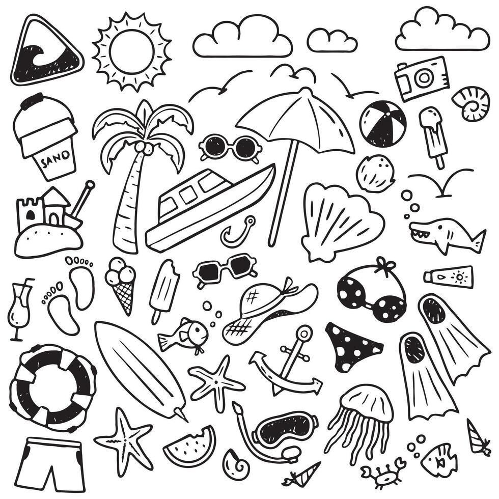 Beach theme image icon illustration element. coconut, sunglasses, hat, fish, ice cream, starfish. cute image. vector