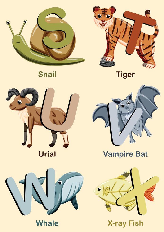 Colorful image of A to Z animals, featuring illustrated letters with corresponding animals. English educational materials, posters, and kids' learning tools. Cute cartoon animals. vector