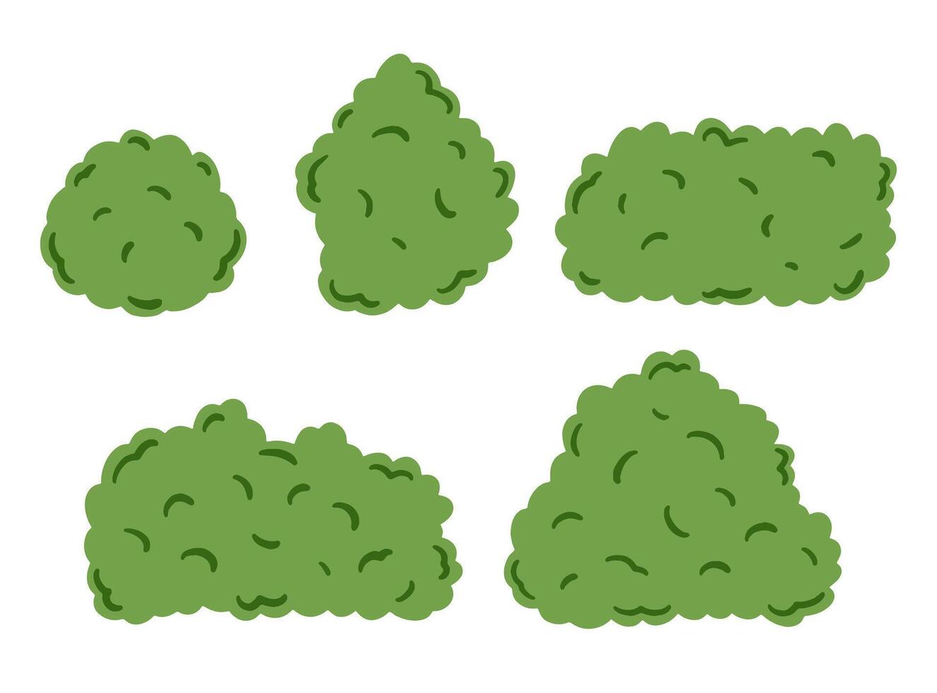 Collection image of various green bushes in different shapes and sizes. Ideal for landscape design, nature-themed illustrations, or garden-related projects. simple, set, green bushes design. vector