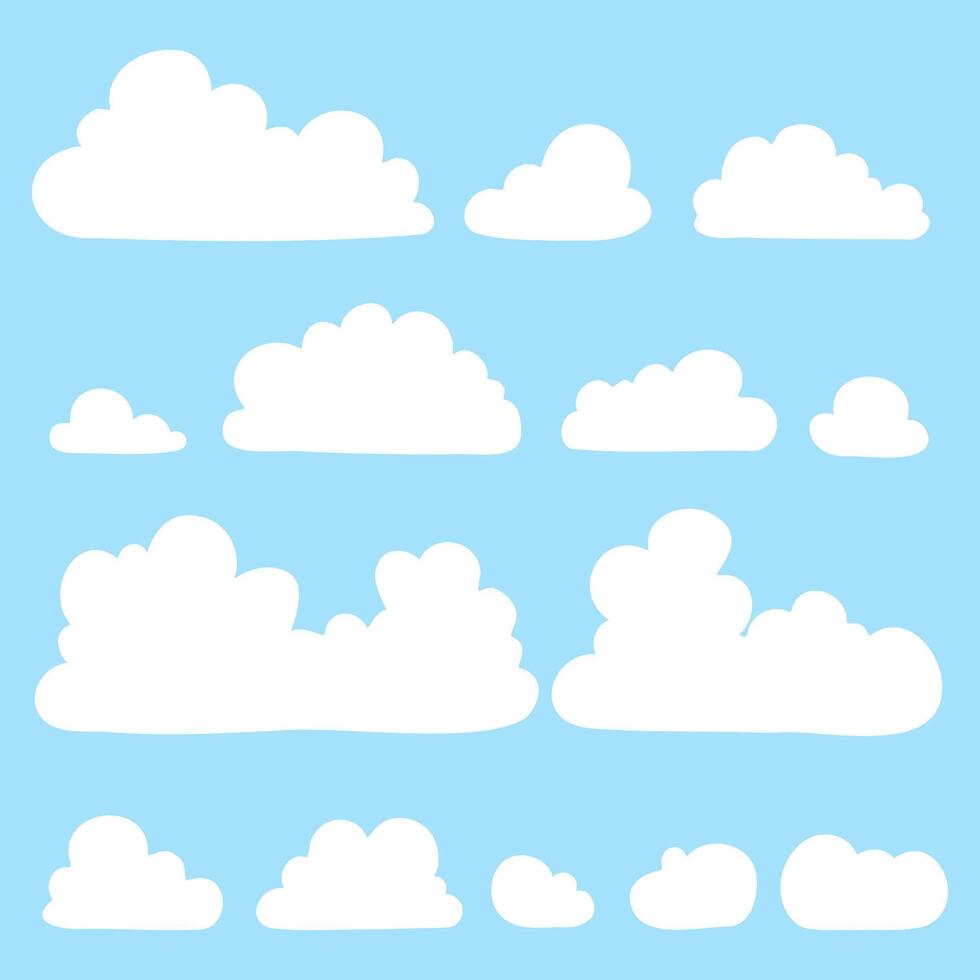 Set image of fluffy white clouds with a light blue background. Perfect for weather illustrations, children's books, and design projects for a clean and simple sky element. Collection and set image. vector