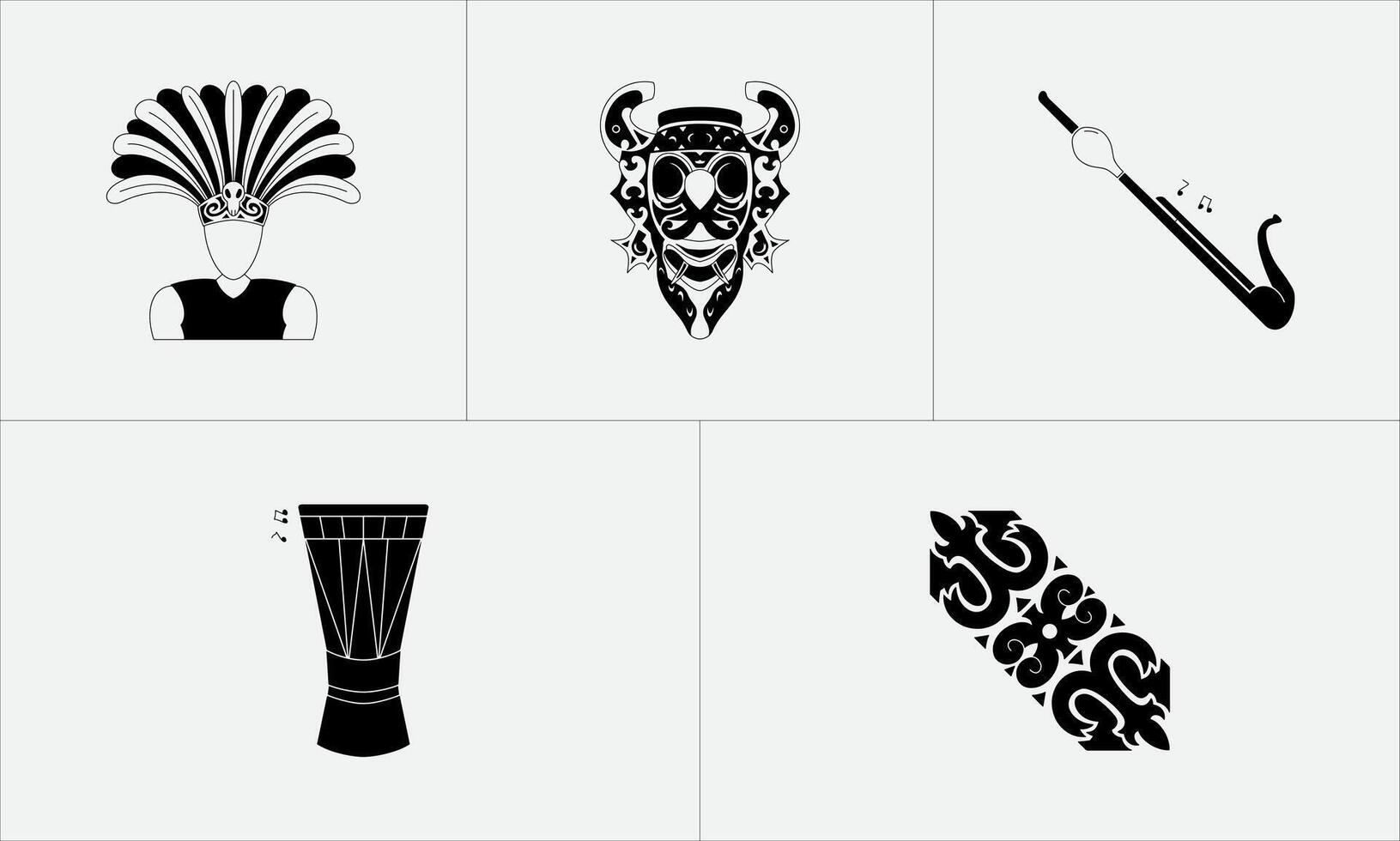 Image of a Dayak icons collection. Perfect for use in cultural, historical, and educational projects, this illustration highlights the rich heritage of the Dayak people. Icon image collection vector