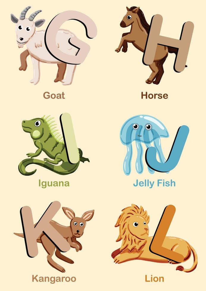Colorful image of A to Z animals, featuring illustrated letters with corresponding animals. English educational materials, posters, and kids' learning tools. Cute cartoon animals. vector