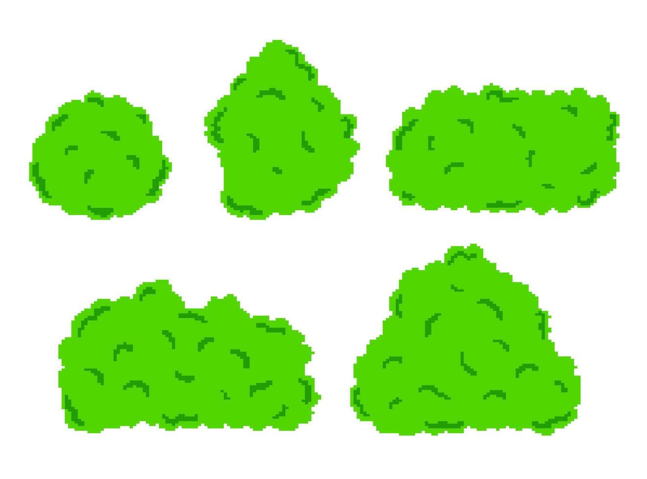 A collection of green bushes in various shapes and sizes. The simple pixelated design is perfect for retro-style games, animations, and digital artwork, adding a touch of nature with a nostalgic vibe. vector
