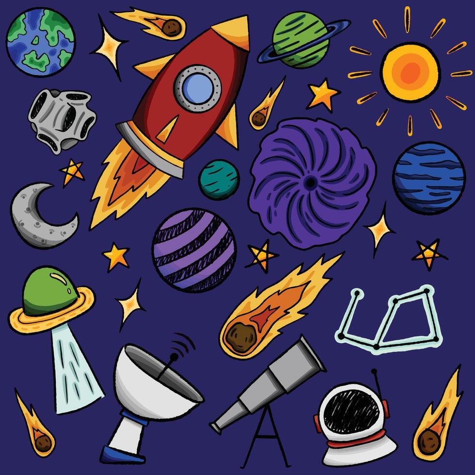 Cute Image featuring colorful space themed elements such as rockets, planets, stars, and astronauts on a dark background. Perfect for educational materials, sci-fi designs, and children's projects. vector
