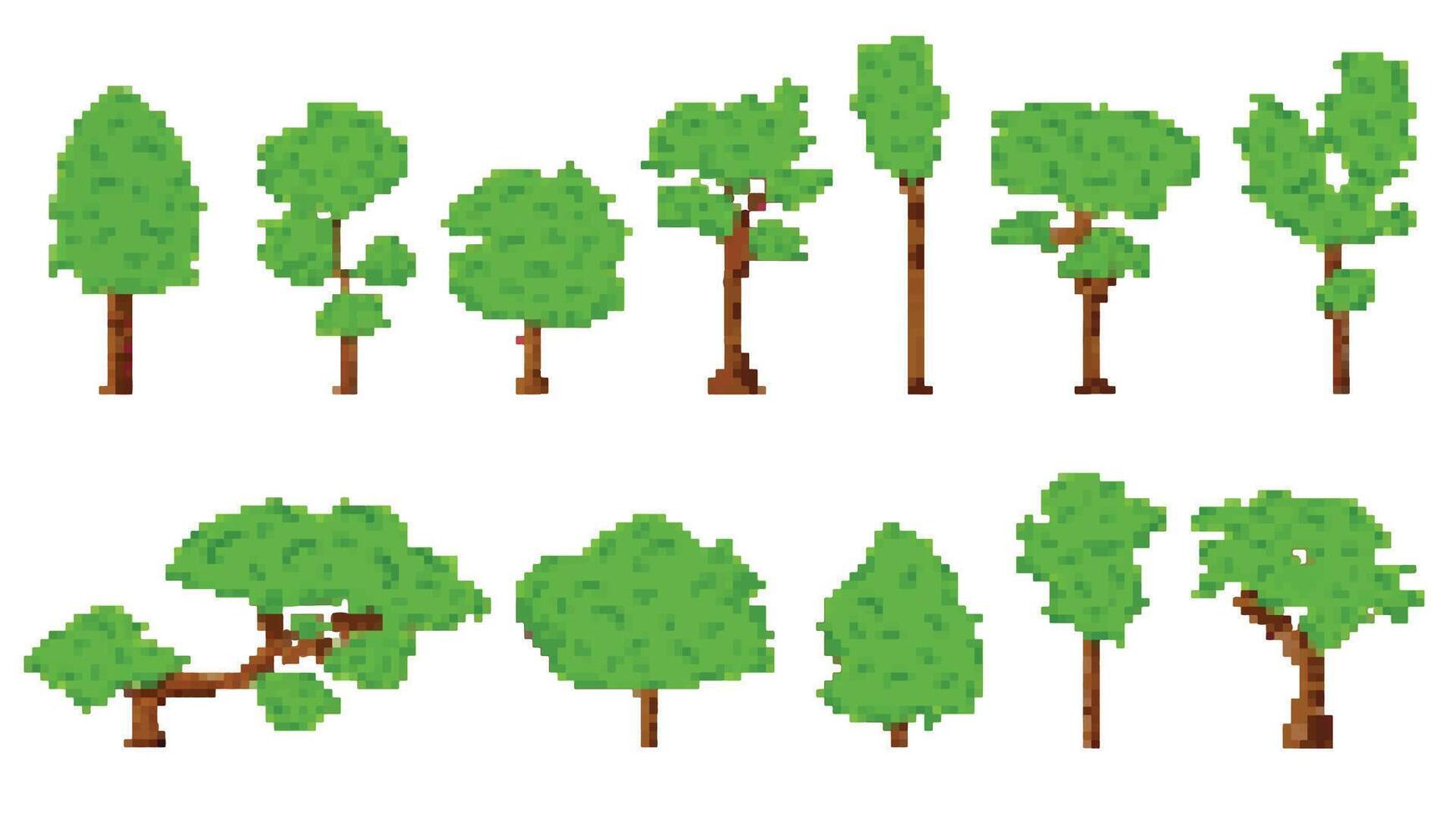 Pixel art image of various green trees with brown trunks, displayed in a row on a white background. Ideal for retro-style games, digital illustrations, and graphic design projects. vector