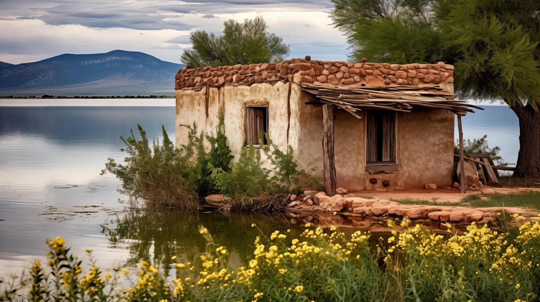 Old adobe dwelling overlooking a peaceful lake photo