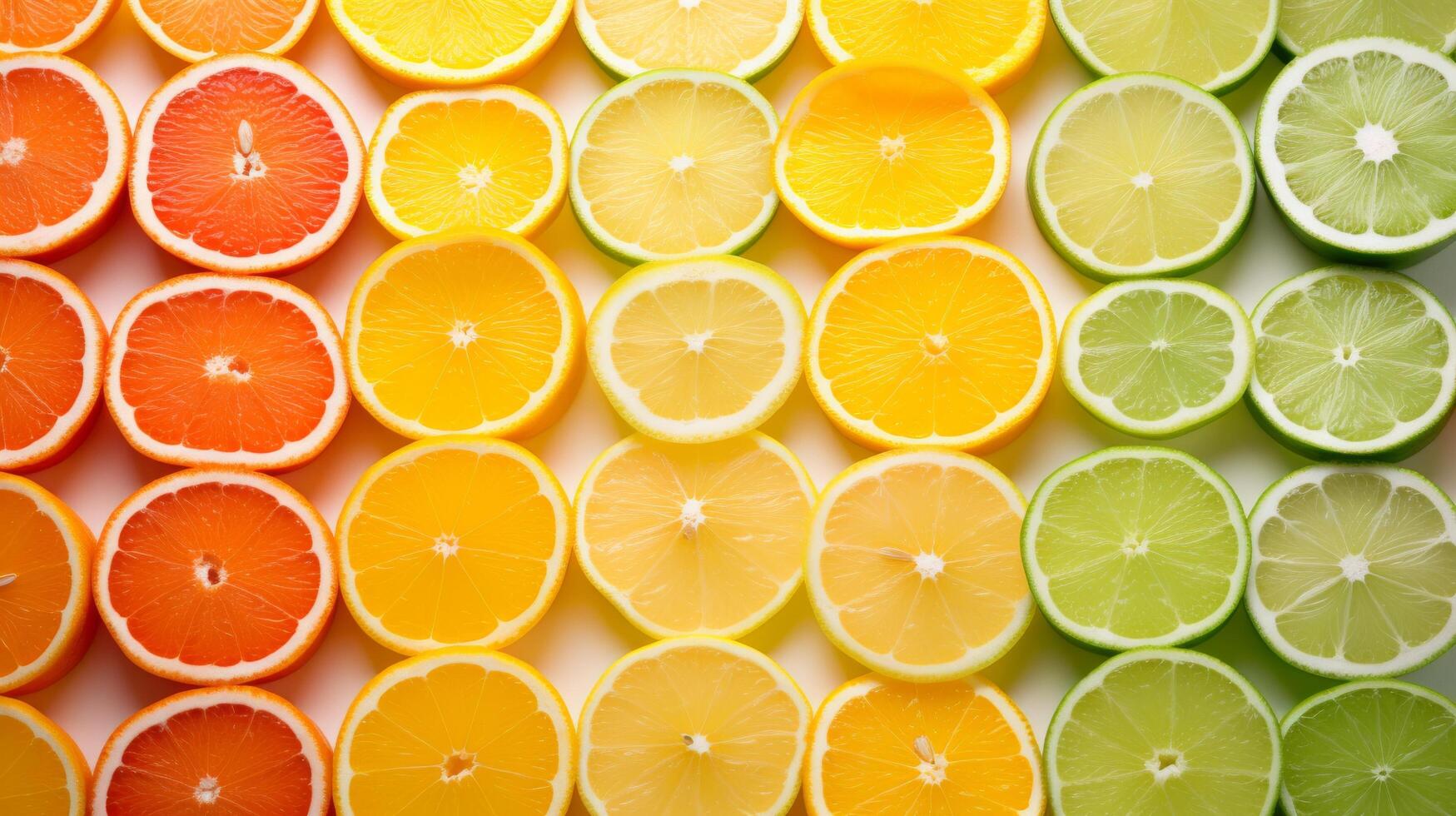 Vibrant composition of sliced citrus fruits forming a mosaic photo