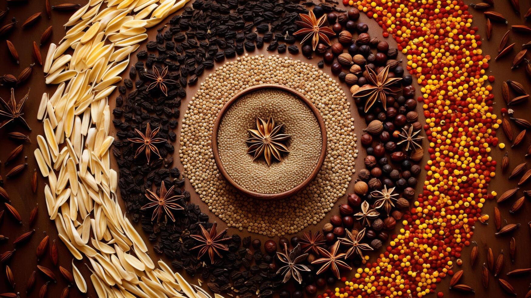 Spiral arrangement of spices creating captivating visual pattern photo