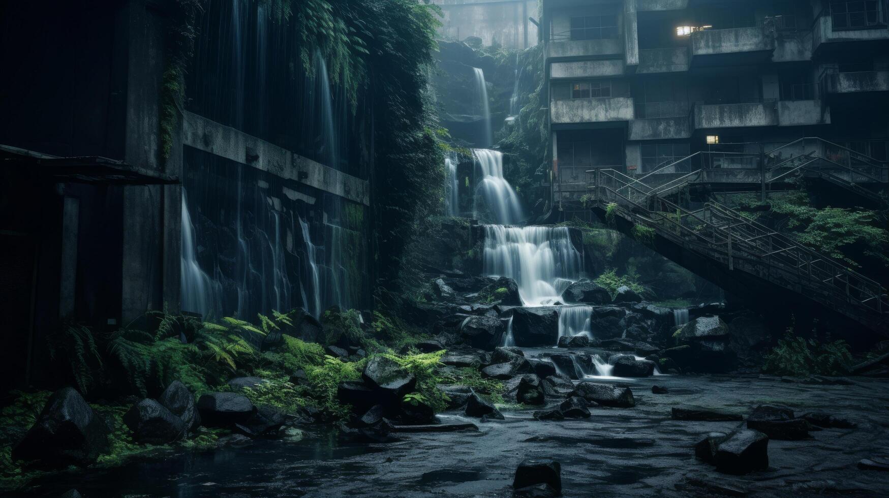 Dramatic long exposure of waterfall on deserted building photo
