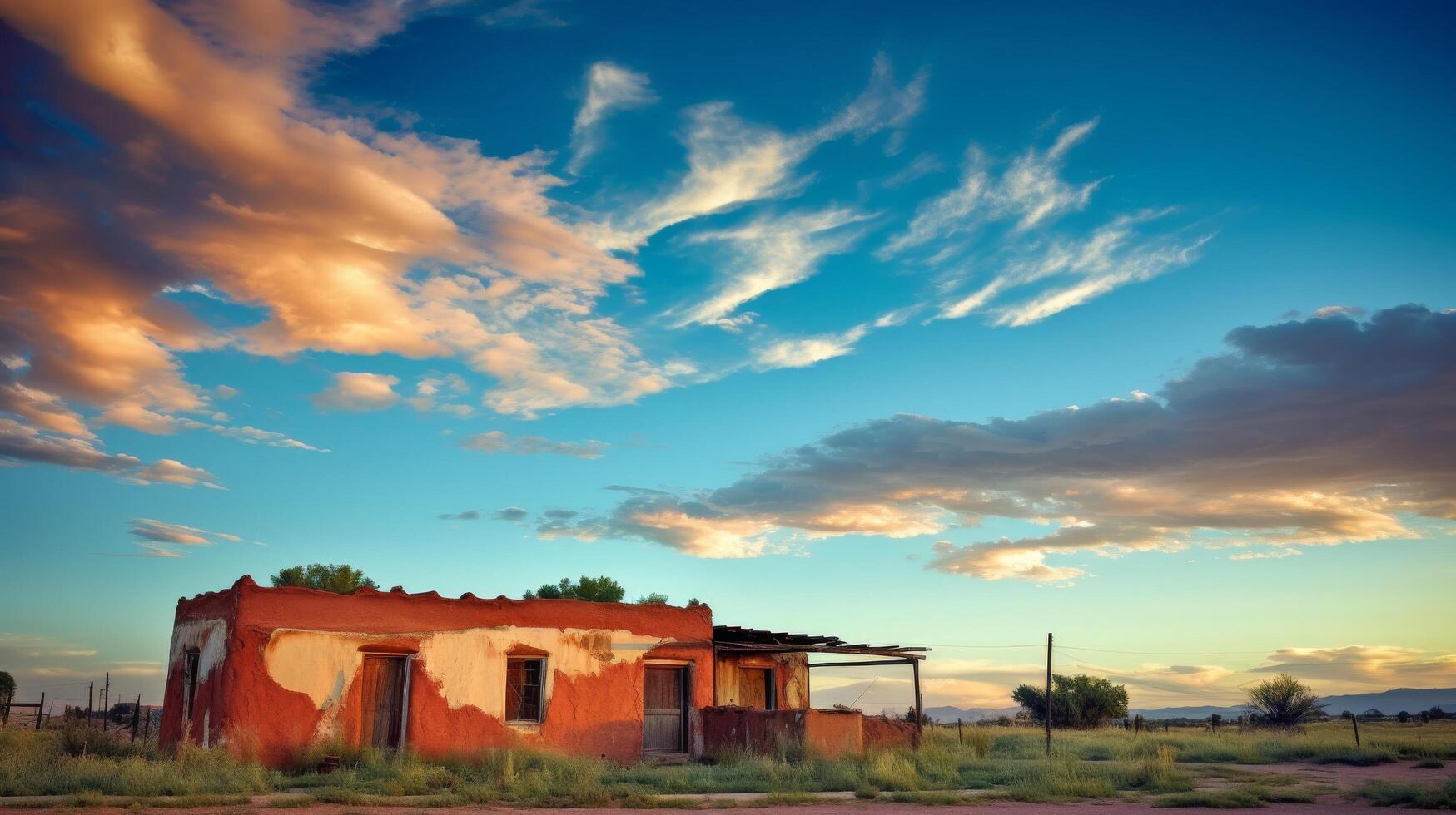 Weathered adobe house under vibrant sky photo