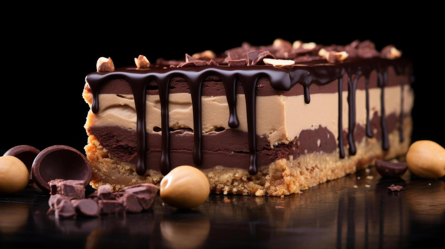 Cross section of peanut butter and chocolate tart with layered filling photo