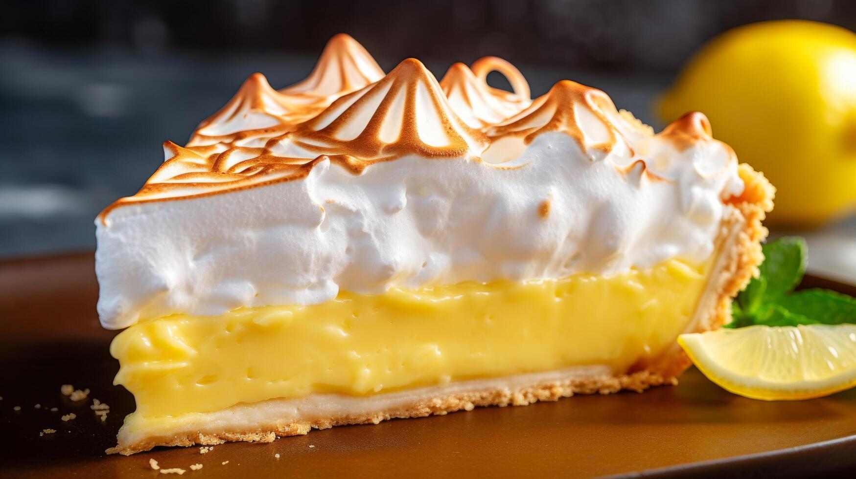 Lemon meringue pie slice in detailed view with fluffy topping photo