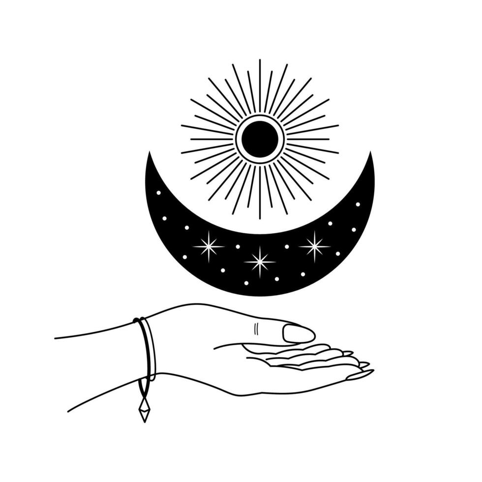 Hand drawn linear esoteric illustration with hand holding Moon and Sun. Isolated black and white mystery concept of day and night vector